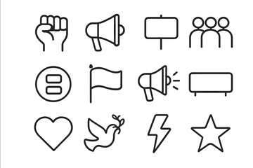 Activism Icon Set. Activism. Line icon set of activism: raised fist, megaphone, protest sign, group of people, equality symbol, flag, loudspeaker, banner,