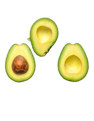 Avocado with Green Leaves - Falling Avocado pieces on Transparent Background - Cut open healthy raw food - Slices and Halves - Cosmetic Ingredient - Hair Shampoo and vitamin Benefits - Avocado Oil