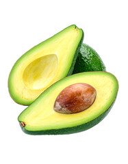 Avocado with Green Leaves - Falling Avocado pieces on Transparent Background - Cut open healthy raw food - Slices and Halves - Cosmetic Ingredient - Hair Shampoo and vitamin Benefits - Avocado Oil