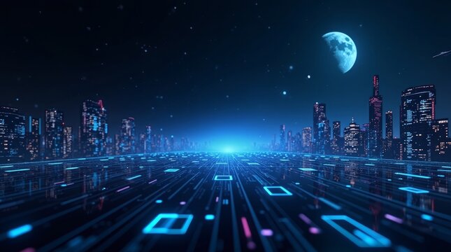 Futuristic Cityscape With Digital Grid neon