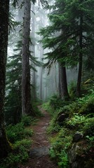 Obraz premium A serene foggy forest path encourages mindfulness through slow, intentional walking amidst the calming greenery and mysterious atmosphere.