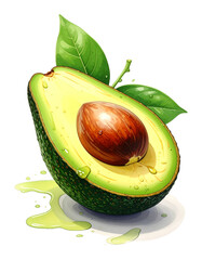 Avocado with Green Leaves - Falling Avocado pieces on Transparent Background - Cut open healthy raw food - Slices and Halves - Cosmetic Ingredient - Hair Shampoo and vitamin Benefits - Avocado Oil