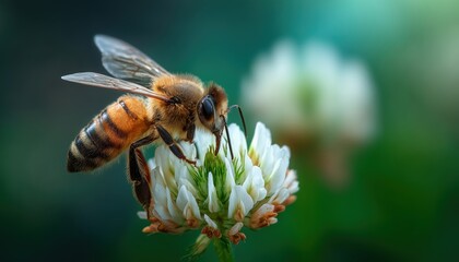 Beautiful Springtime View Of A Bee Or Honeybee On A White Clover Flower, Also Known As Apis Mellifera In Latin.