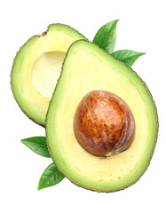 Avocado with Green Leaves - Falling Avocado pieces on Transparent Background - Cut open healthy raw food - Slices and Halves - Cosmetic Ingredient - Hair Shampoo and vitamin Benefits - Avocado Oil