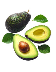 Avocado with Green Leaves - Falling Avocado pieces on Transparent Background - Cut open healthy raw food - Slices and Halves - Cosmetic Ingredient - Hair Shampoo and vitamin Benefits - Avocado Oil