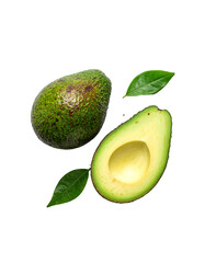 Avocado with Green Leaves - Falling Avocado pieces on Transparent Background - Cut open healthy raw food - Slices and Halves - Cosmetic Ingredient - Hair Shampoo and vitamin Benefits - Avocado Oil