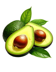 Avocado with Green Leaves - Falling Avocado pieces on Transparent Background - Cut open healthy raw food - Slices and Halves - Cosmetic Ingredient - Hair Shampoo and vitamin Benefits - Avocado Oil
