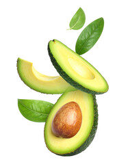Avocado with Green Leaves - Falling Avocado pieces on Transparent Background - Cut open healthy raw food - Slices and Halves - Cosmetic Ingredient - Hair Shampoo and vitamin Benefits - Avocado Oil