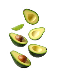 Avocado with Green Leaves - Falling Avocado pieces on Transparent Background - Cut open healthy raw food - Slices and Halves - Cosmetic Ingredient - Hair Shampoo and vitamin Benefits - Avocado Oil
