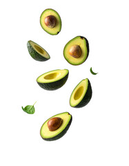 Avocado with Green Leaves - Falling Avocado pieces on Transparent Background - Cut open healthy raw food - Slices and Halves - Cosmetic Ingredient - Hair Shampoo and vitamin Benefits - Avocado Oil