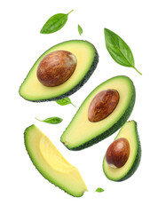 Avocado with Green Leaves - Falling Avocado pieces on Transparent Background - Cut open healthy raw food - Slices and Halves - Cosmetic Ingredient - Hair Shampoo and vitamin Benefits - Avocado Oil