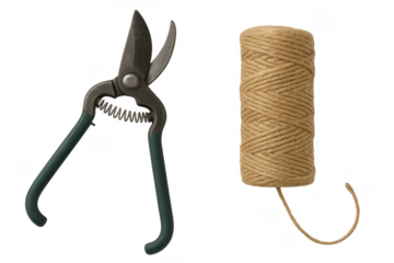 Gardening shears and twine spool for pruning plants