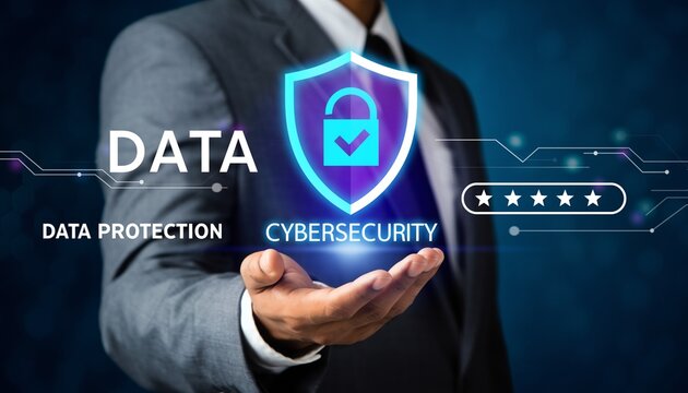 Cybersecurity expert presenting data protection concepts with digital shield through hand gesture in an office environment