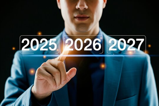 Businessman Touching Future Years – 2025 2026 2027 interface, digital timeline, futuristic business technology concept, Future Year Selection UI, businessman hand, glowing timeline numbers,