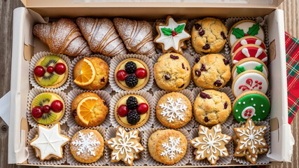 Assorted holiday pastries in a bakery box with festive decorations  