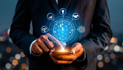 Business professional using smartphone with digital network icons in urban setting during twilight