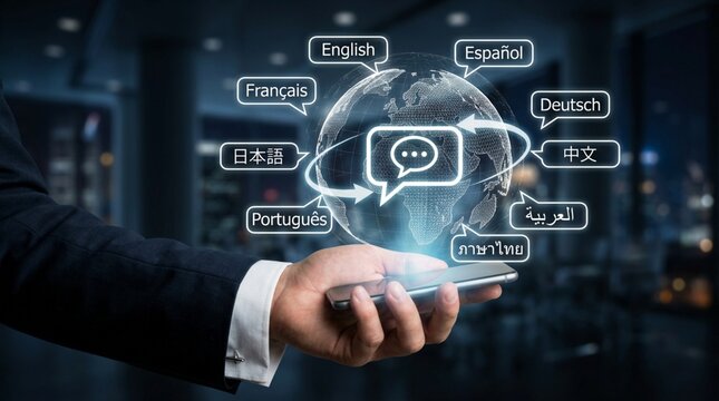 Global communication through a smartphone with multiple languages displayed in a modern office setting at night