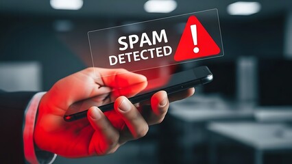 Beware of online scams - Man holding smartphone with spam detected notification and red alert triangle, highlighting security threats and digital safety concerns