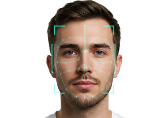Man s face scanned by facial recognition technology isolated on transparent background