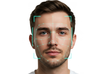 Man s face scanned by facial recognition technology isolated on transparent background