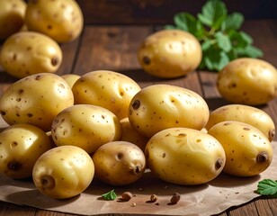 A close-up shot of a pile of golden-skinned tubers and leafy greens on a rustic wooden surface