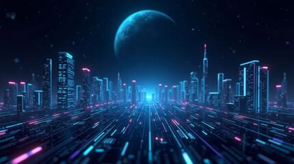 Futuristic Cityscape With Neon Lights And Planet urban