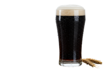 two perfectly symmetrical, icy pilsner glasses of rich obsidian porter beer, creamy foam, condensation, resting on dark oak wood with wheat stalks against a transparent background, concept for premium