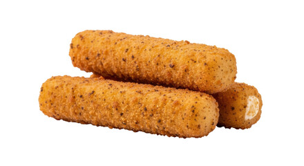 Golden fried mozzarella sticks isolated PNG, crispy breaded cheese sticks on transparent background, delicious appetizer or snack for fast food menus