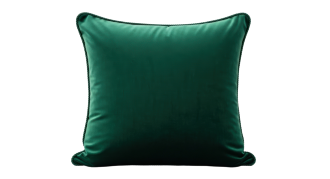 Emerald green velvet pillow isolated PNG, decorative cushion for sofa or bed, soft furnishing element on transparent background