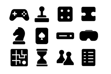 Casual Gaming Icons. Casual Games. Solid icon set of game controller, joystick, dice, puzzle piece, chess piece, playing card, console, VR headset, board game,