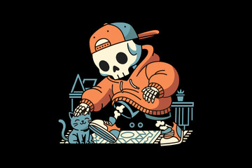 Cute Skeleton Character Petting a Small Cat.