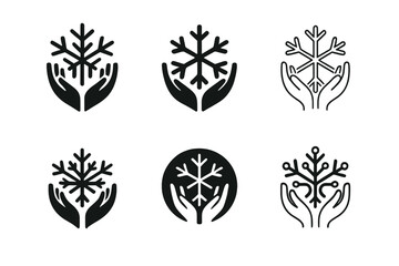 Charity Snowflake Logos. Winter Holiday Themed Charity Event. Icon set. Set Logo of community celebration: snowflake merged with helping hands. harmonious logo