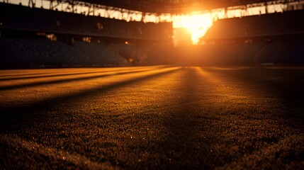 Brilliant sunset light casts long shadows across the empty sports arena field surface