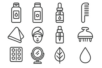 Healthy Hair Icons. Healthy hair routine. Line icon set of healthy hair routine: shampoo, conditioner, hair oil, comb, towel, mask, serum, scalp brush,