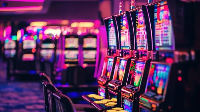 Video A row of slot machines in a busy casino, great for nightlife or entertainment concepts