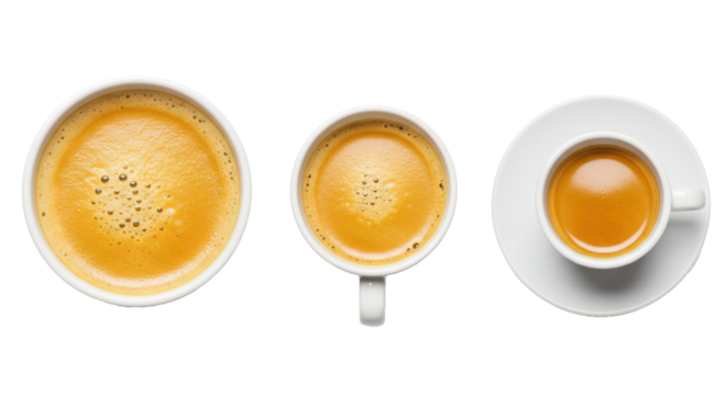three transparent ceramic coffee vessels (macro crema texture, standard mug, espresso cup/saucer) filled with vibrant light roast coffee, flat lay on a transparent void background. concept for