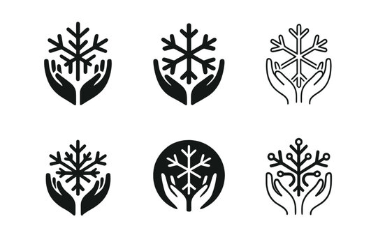 Charity Snowflake Logos. Winter Holiday Themed Charity Event. Icon set. Set Logo of community celebration: snowflake merged with helping hands. harmonious logo
