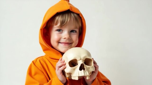 Video A young boy holds a skull, casual and unaware of the morbid context