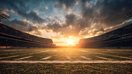 Massive outdoor arena hosting a sporting event glows under the dramatic setting sun