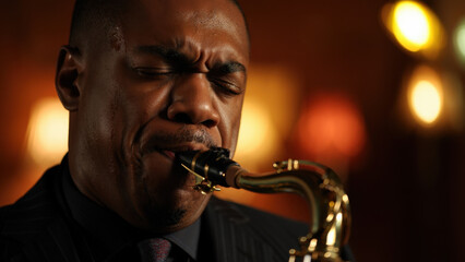 Emotional jazz musician performing with saxophone in New Orleans during Mardi Gras, celebrating Jazz Appreciation Month in the vibrant French Quarter under warm lights and historic atmosphere