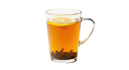 Glass mug of hot tea with lemon slice isolated PNG, healthy beverage with citrus fruit on transparent background