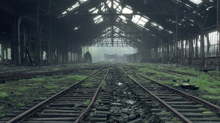 Obraz premium Abandoned Industrial Train Yard Beneath a Dim Roofed Warehouse Reclaimed by Moss and Overgrown Tracks