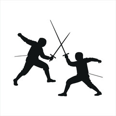 Two fencers in silhouette clashing swords