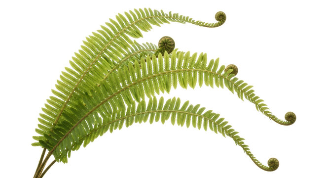 Fresh green fern fronds isolated PNG, tropical plant with fiddleheads on transparent background for botanical design and natural decoration