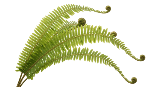 Fresh green fern fronds isolated PNG, tropical plant with fiddleheads on transparent background for botanical design and natural decoration - Powered by Adobe