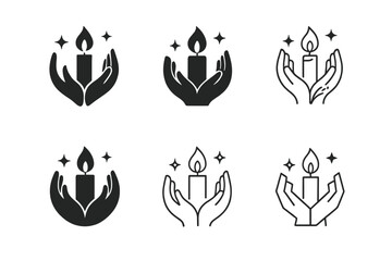 Festive Unity Logos. Winter Holiday Themed Charity Event. Icon set. Set Logo of festive unity: candle surrounded by hands and stars. harmonious logo variations