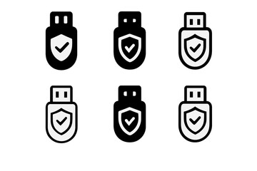 Antivirus Icons Collection. Installing antivirus software. Icon set. Set Logo of Installing antivirus software: USB drive with protective emblem. harmonious