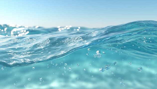 Beautiful Illustration Of Purity, Freshness, And Natural Serenity In Crystal Clear Blue Water Surface With Gentle Waves And Shimmering Air Bubbles.