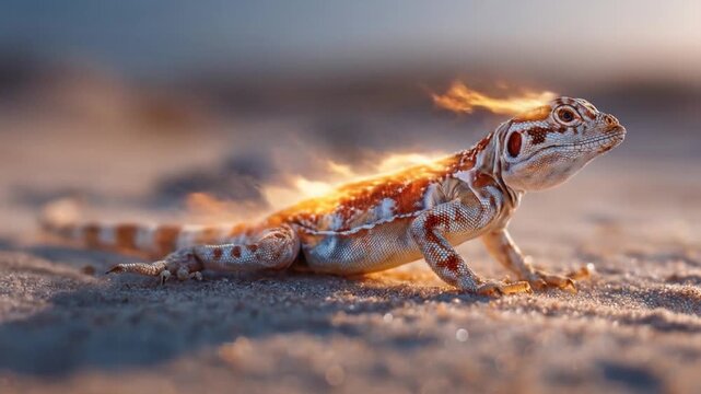 Fiery lizard creature crawling on sandy ground under warm sunlight