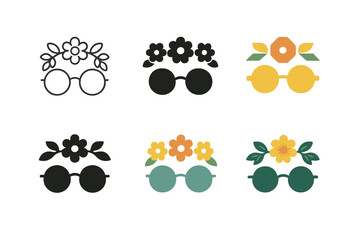 Fototapeta premium Floral Emblem Variations. Flower crown and summer accessories. Icon set. Set Logo of seasonal style: floral head wreath. harmonious logo variations of the same